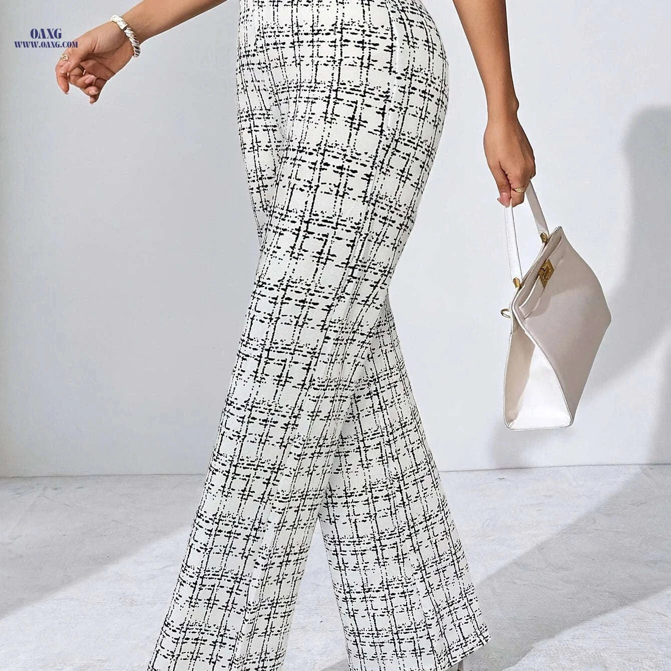 Elegant Plaid Print Stretch Pants - Straight-Leg Trousers for All Seasons   OAXG White / S