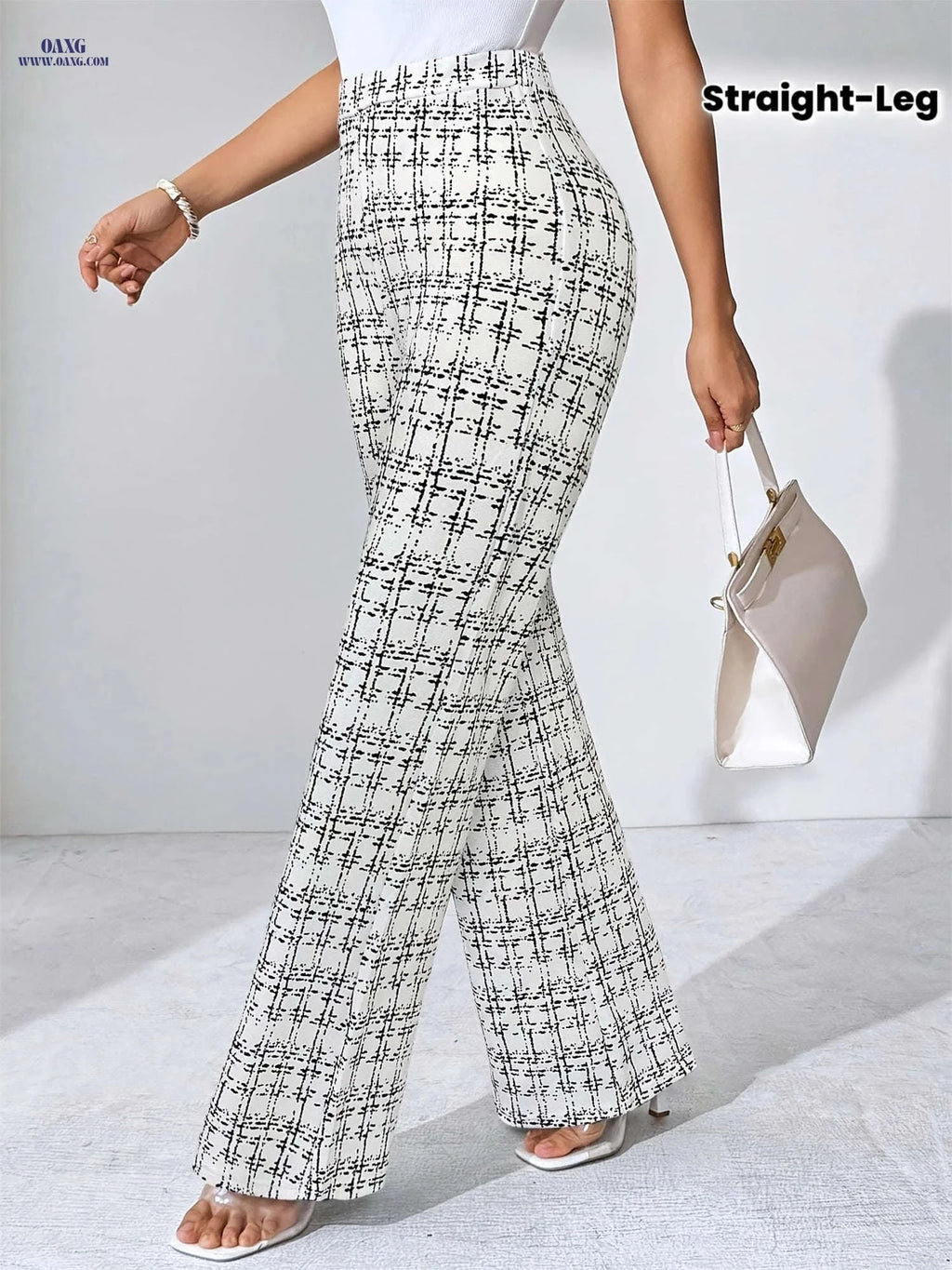 Elegant Plaid Print Stretch Pants - Straight-Leg Trousers for All Seasons   OAXG White / S