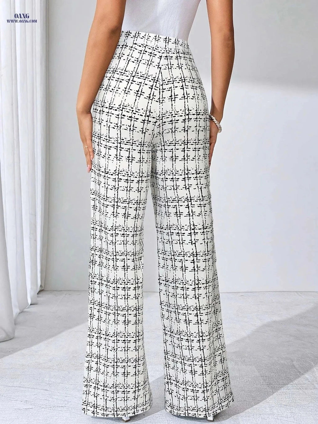 Elegant Plaid Print Stretch Pants - Straight-Leg Trousers for All Seasons   OAXG White / S