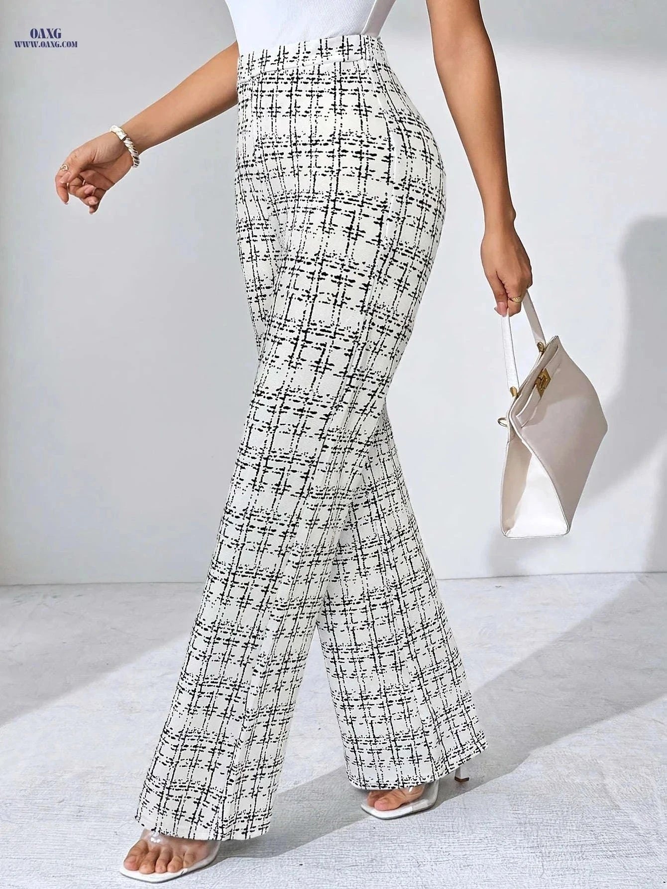 Elegant Plaid Print Stretch Pants - Straight-Leg Trousers for All Seasons   OAXG White / S