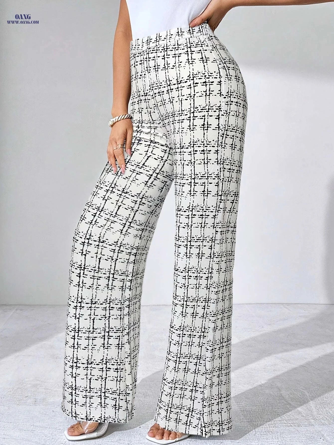 Elegant Plaid Print Stretch Pants - Straight-Leg Trousers for All Seasons   OAXG 
