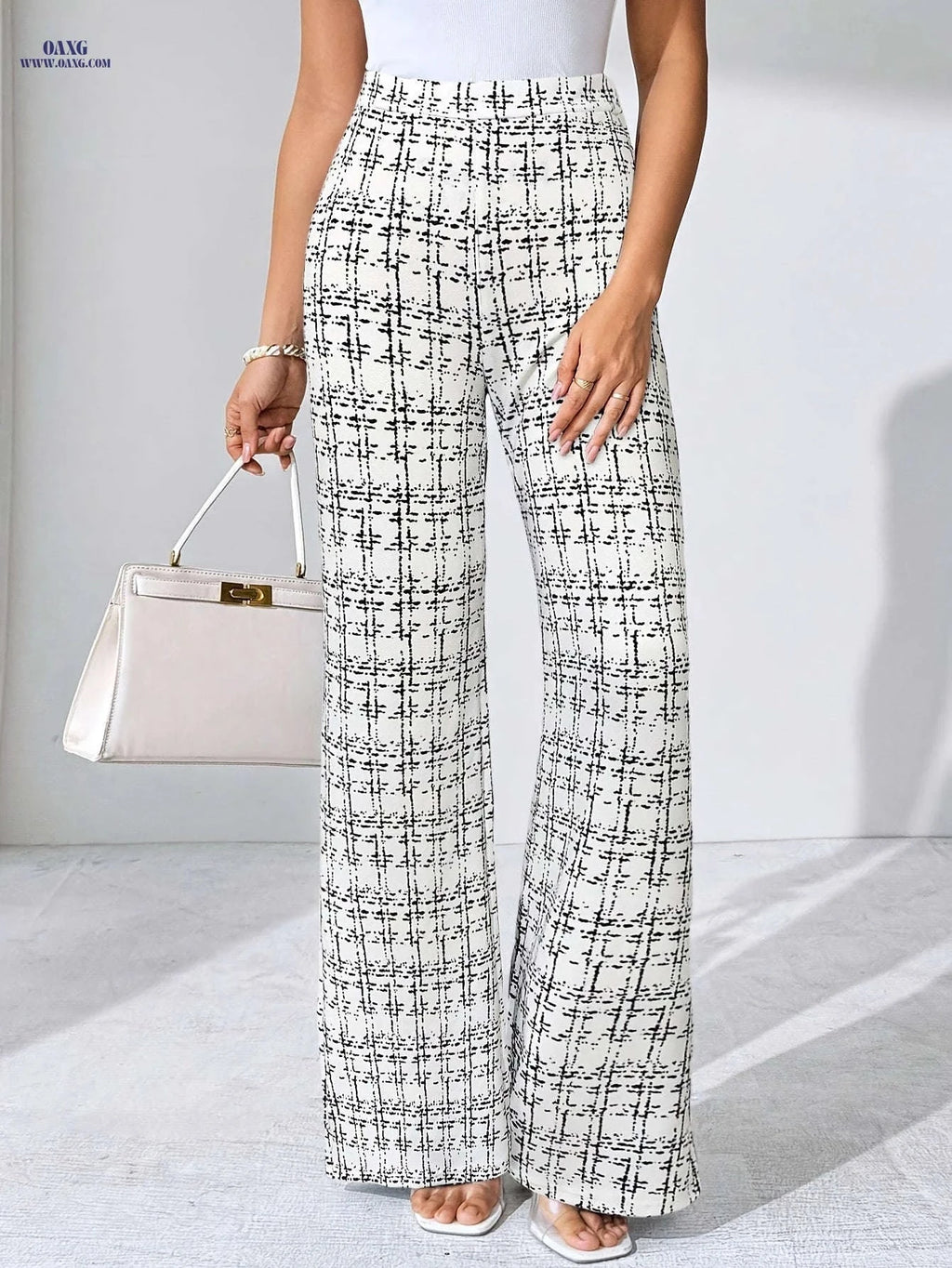 Elegant Plaid Print Stretch Trousers - Straight-Leg, Mid Elasticity   OAXG 