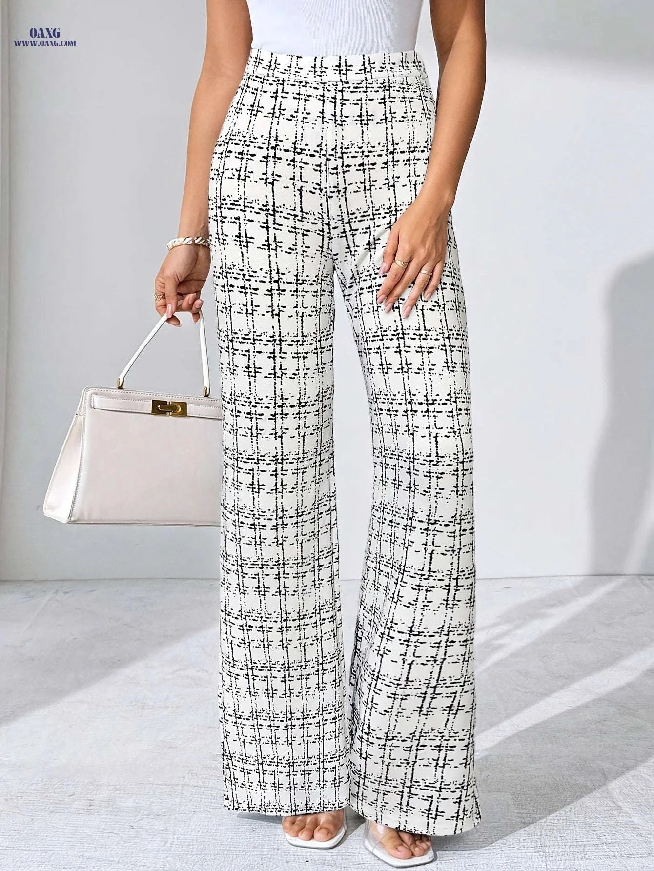 Elegant Plaid Print Stretch Trousers - Straight-Leg, Mid Elasticity   OAXG 