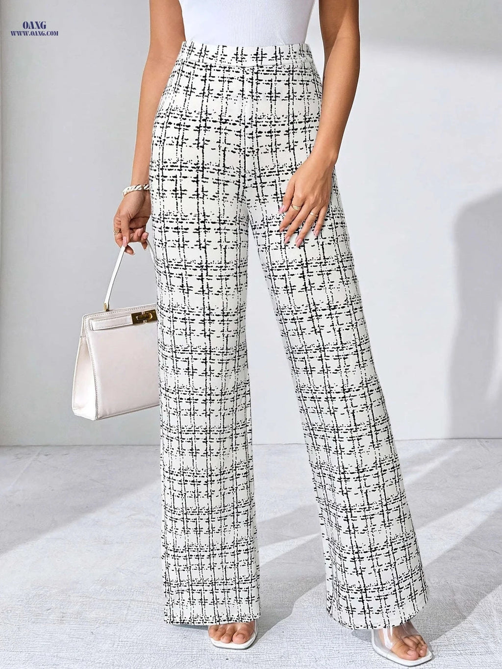 Elegant Plaid Print Stretch Trousers - Straight-Leg, Mid Elasticity   OAXG White / S