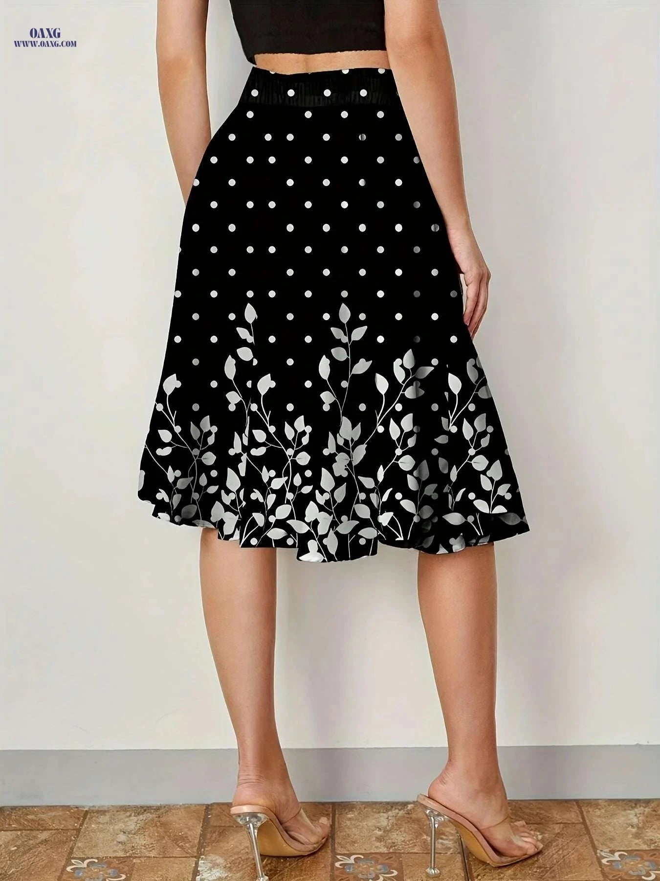 Elegant Polka Dot A-Line Skirt - Knee-Length, Machine Washable   OAXG Black / S