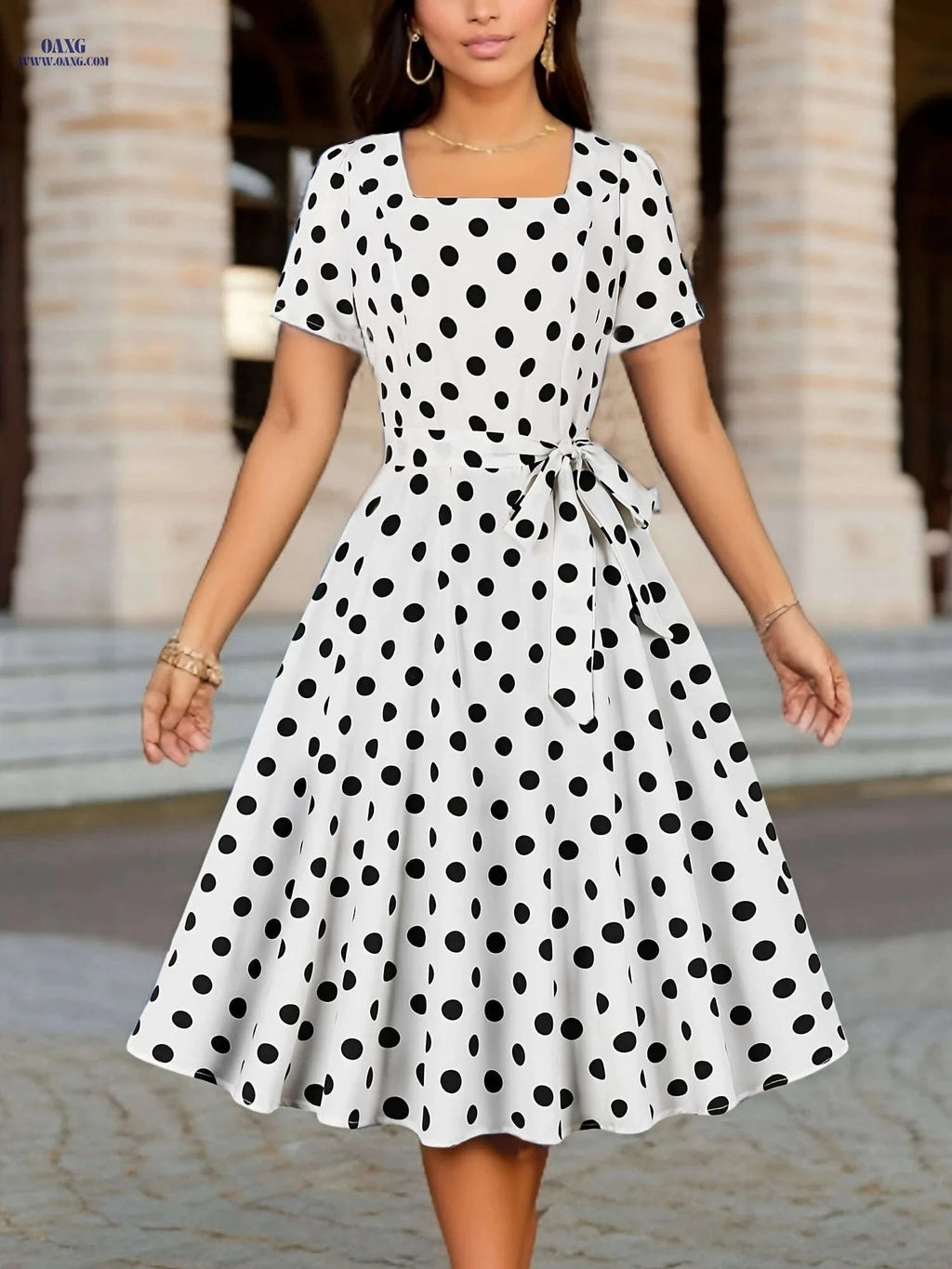 Elegant Polka Dot Short-Sleeve Dress - Square Belted Waist   OAXG 