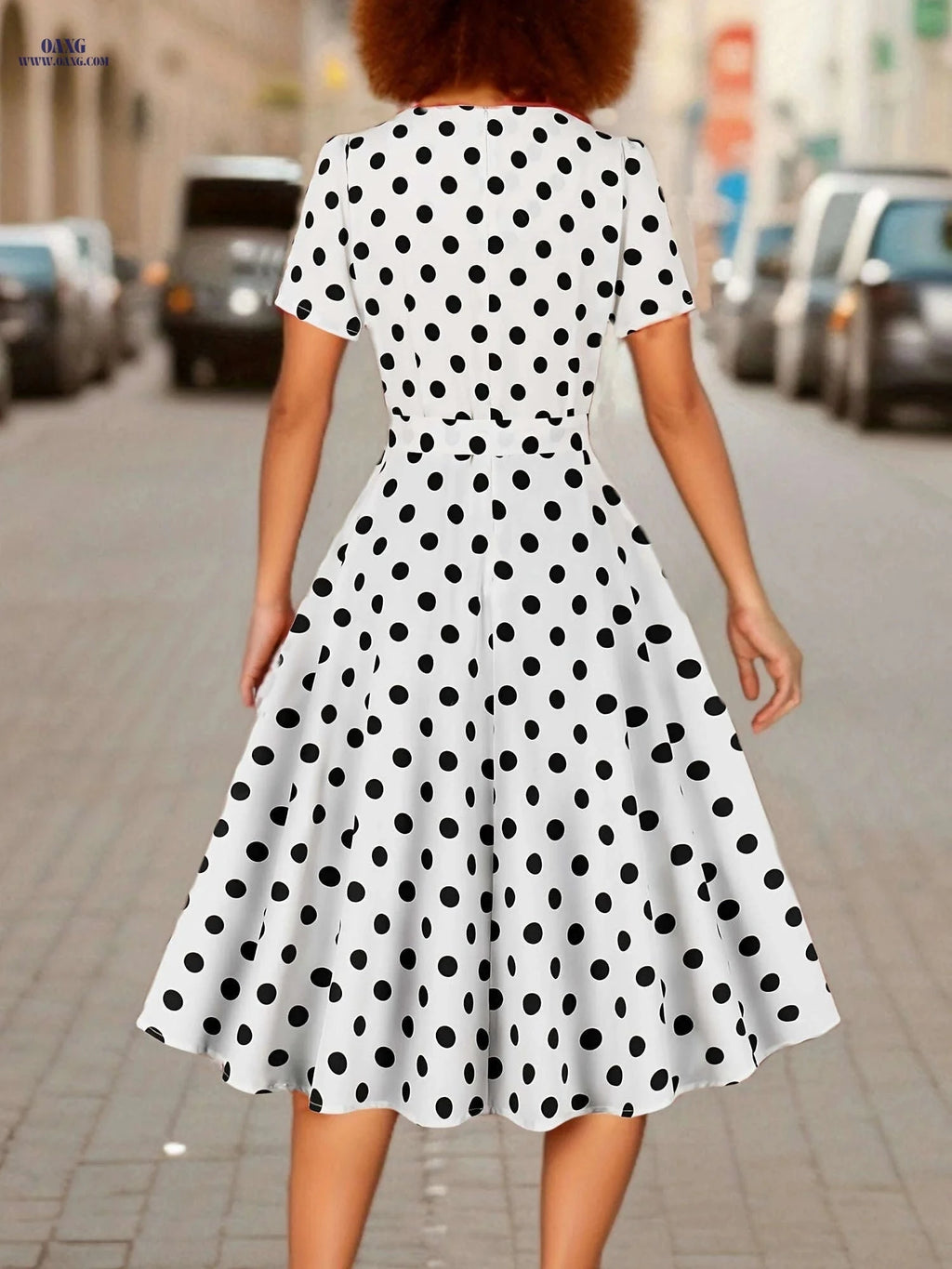 Elegant Polka Dot Short-Sleeve Dress - Square Belted Waist   OAXG 