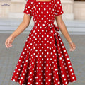 Elegant Polka Dot Short-Sleeve Dress - Square Belted Waist   OAXG 