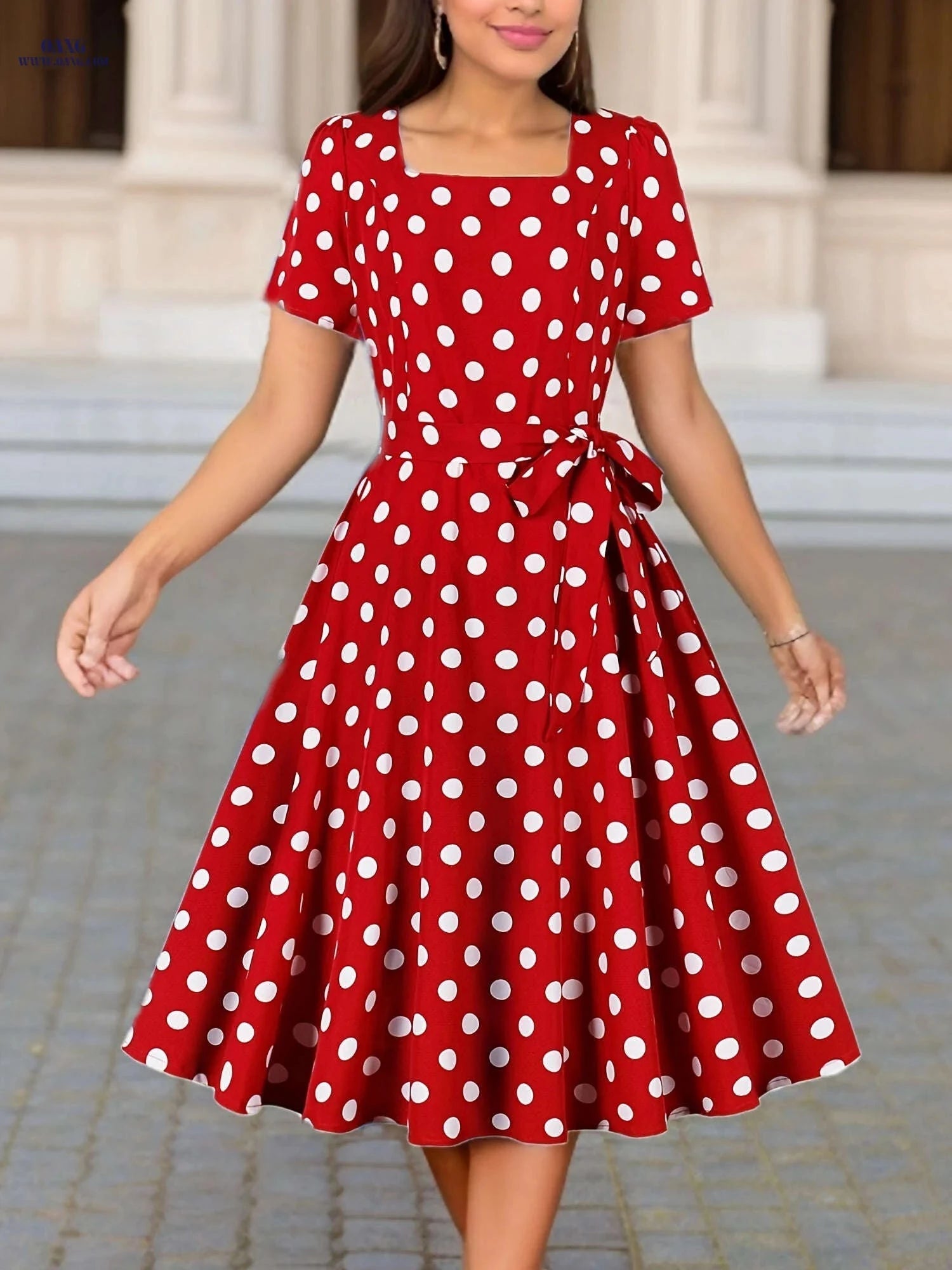 Elegant Polka Dot Short-Sleeve Dress - Square Belted Waist   OAXG Red / S
