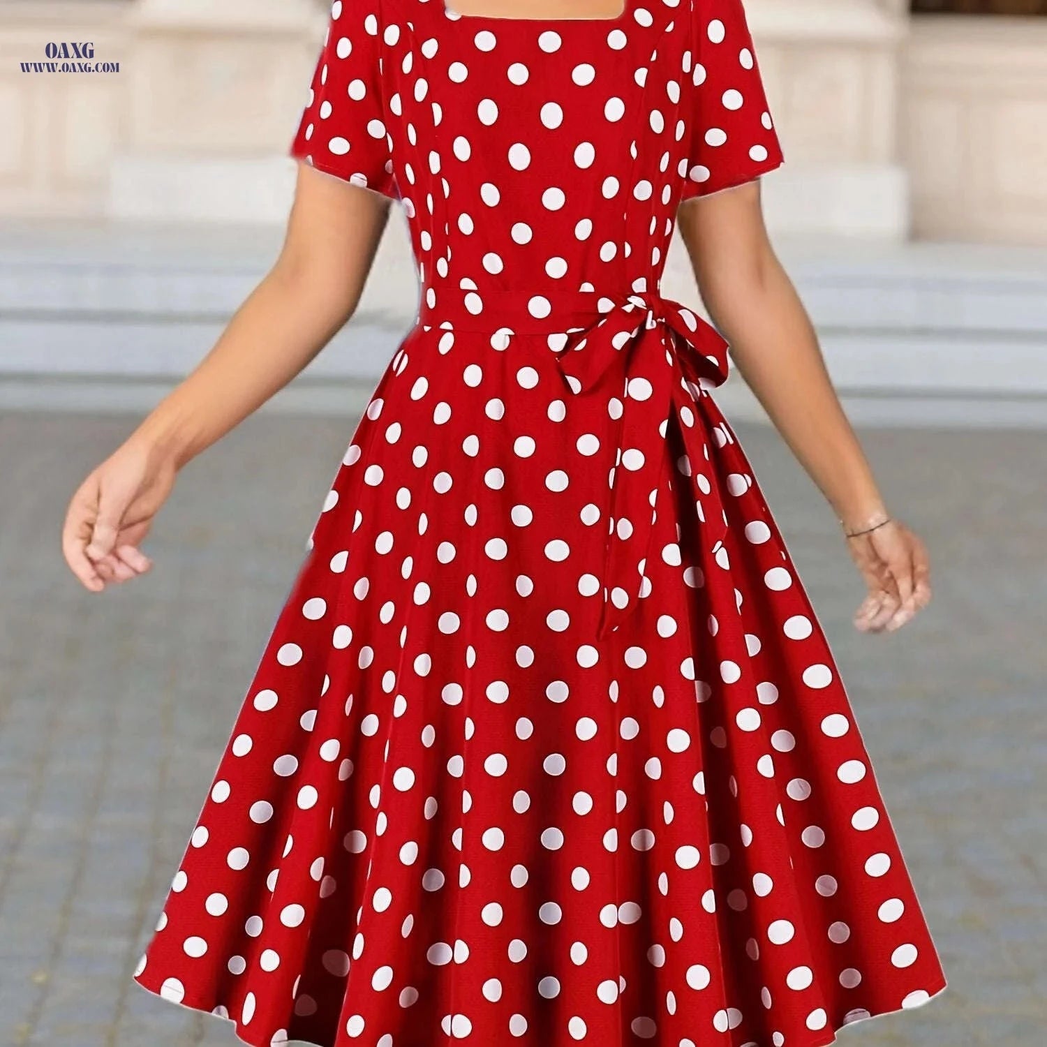 Elegant Polka Dot Short-Sleeve Dress - Square Belted Waist   OAXG Red / S
