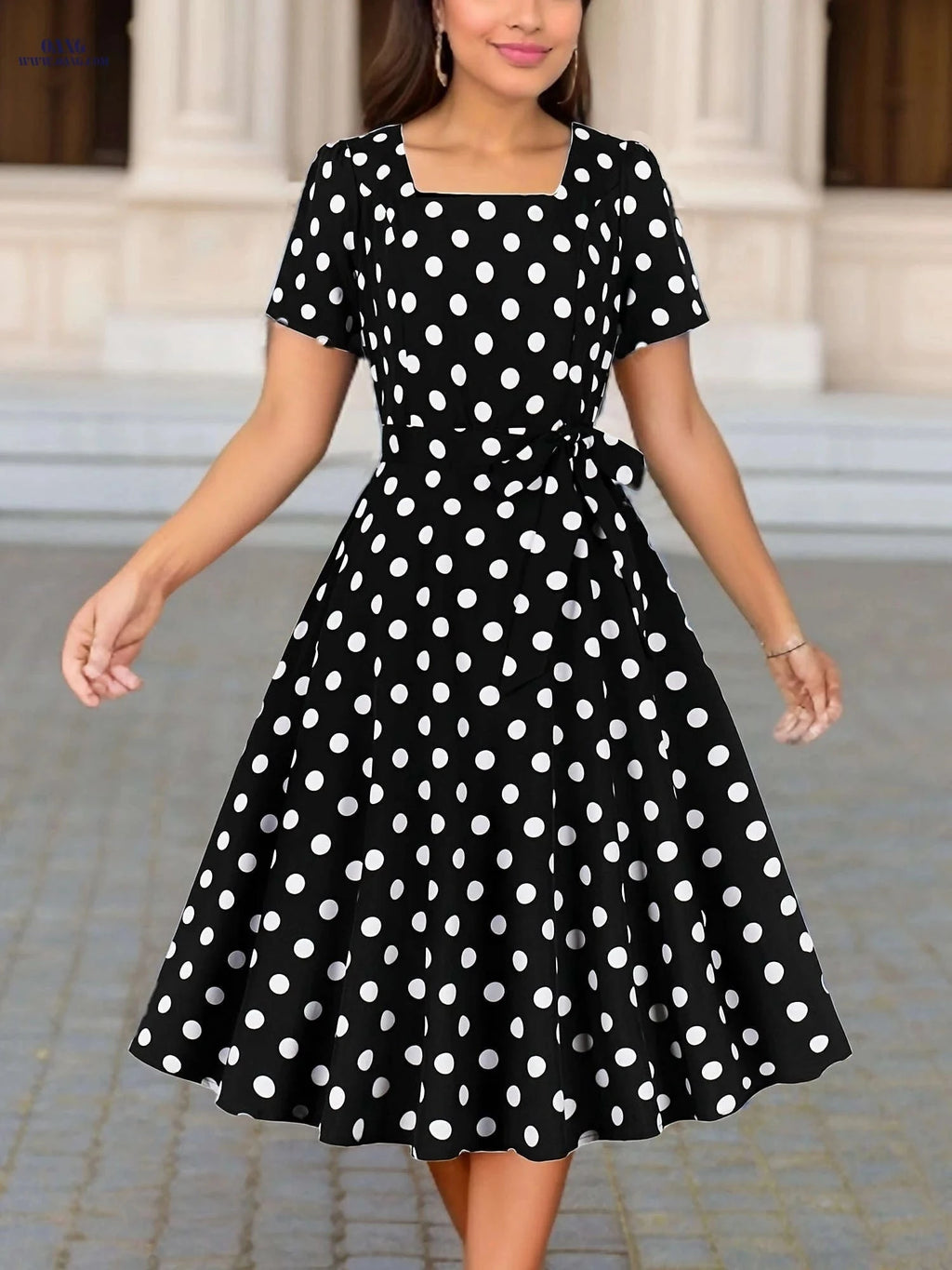 Elegant Polka Dot Short-Sleeve Dress - Square Belted Waist   OAXG Red / S