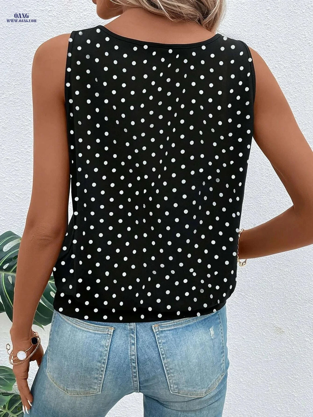 Elegant Polka Dot Tank Top - Sleeveless Cut Out Style for Summer   OAXG Black / S