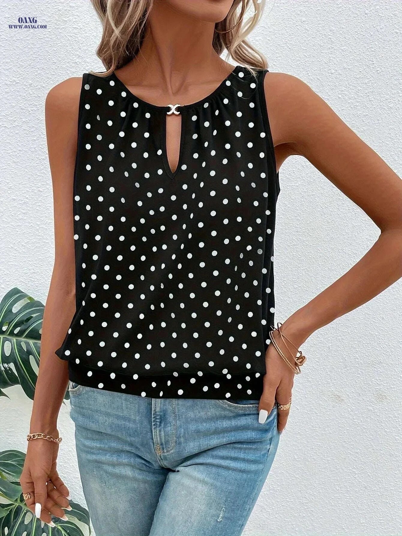 Elegant Polka Dot Tank Top - Sleeveless Cut Out Style for Summer   OAXG Black / S