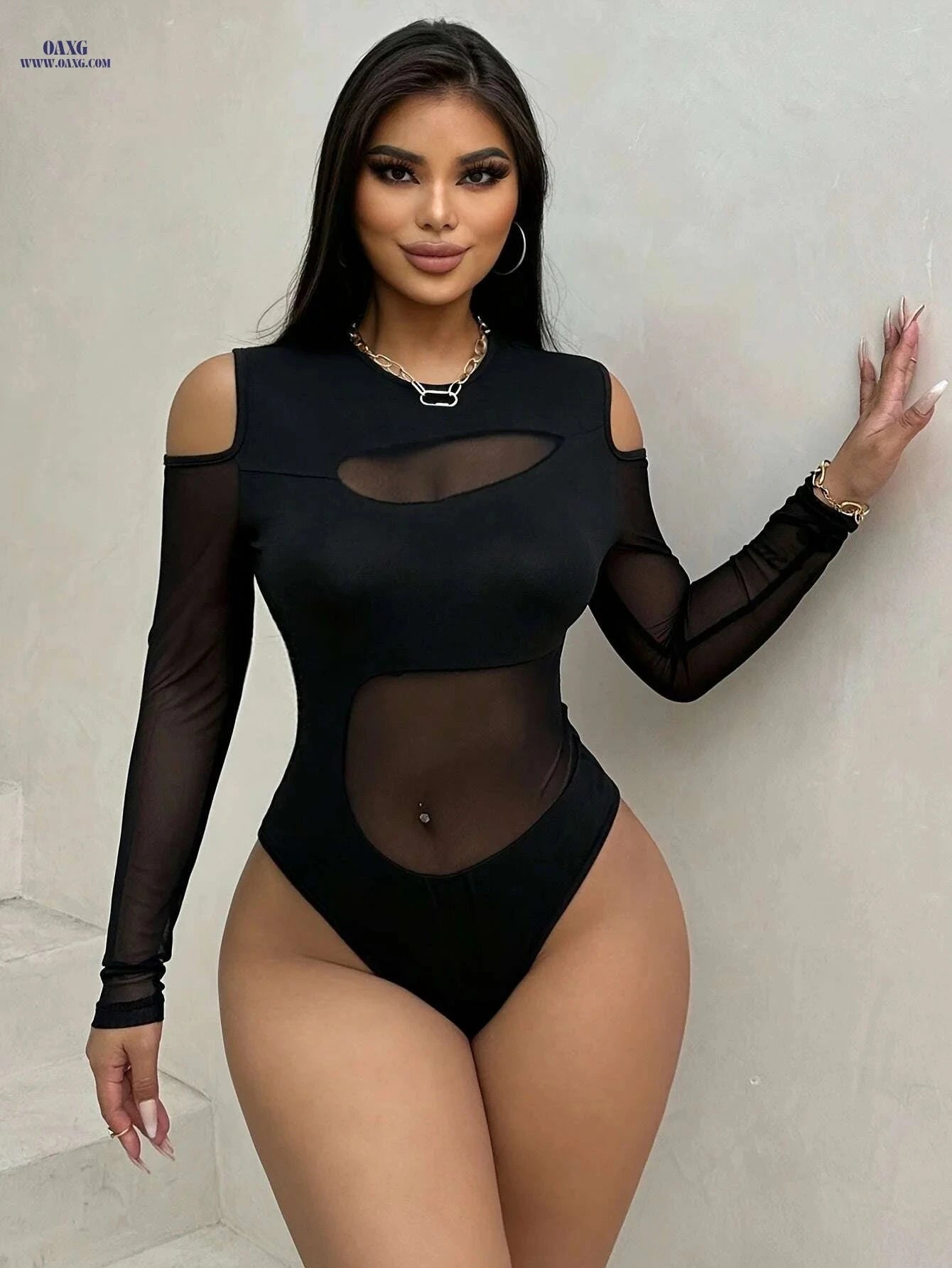 Elegant Polyester Bodysuit - Cold Shoulder, Sheer Mesh Details   OAXG 