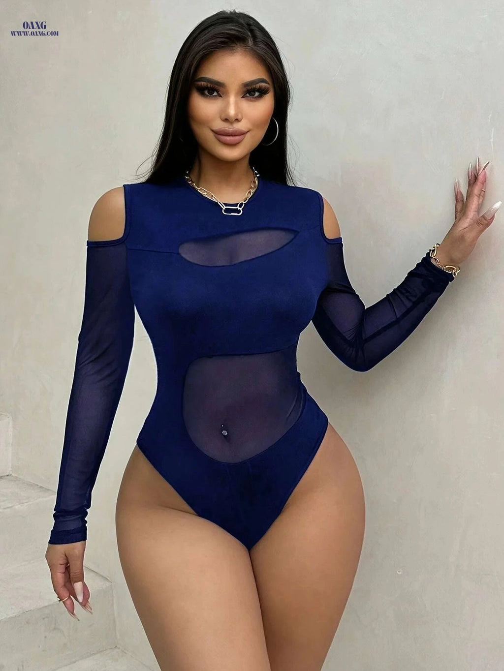 Elegant Polyester Bodysuit - Cold Shoulder, Sheer Mesh Details   OAXG Black / S
