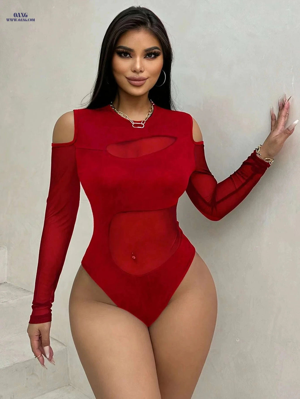 Elegant Polyester Bodysuit - Cold Shoulder, Sheer Mesh Details   OAXG 