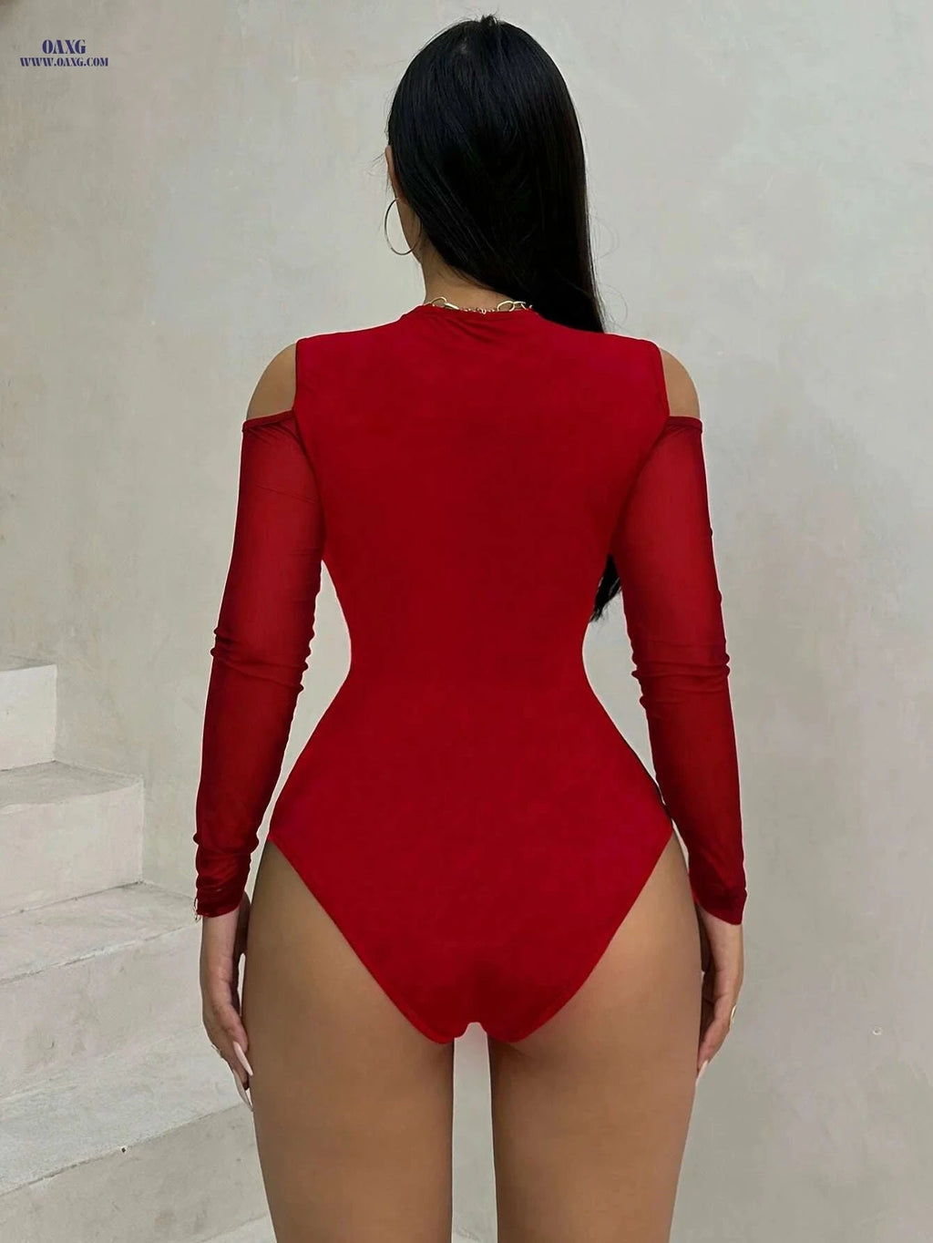 Elegant Polyester Bodysuit - Cold Shoulder, Sheer Mesh Details   OAXG 