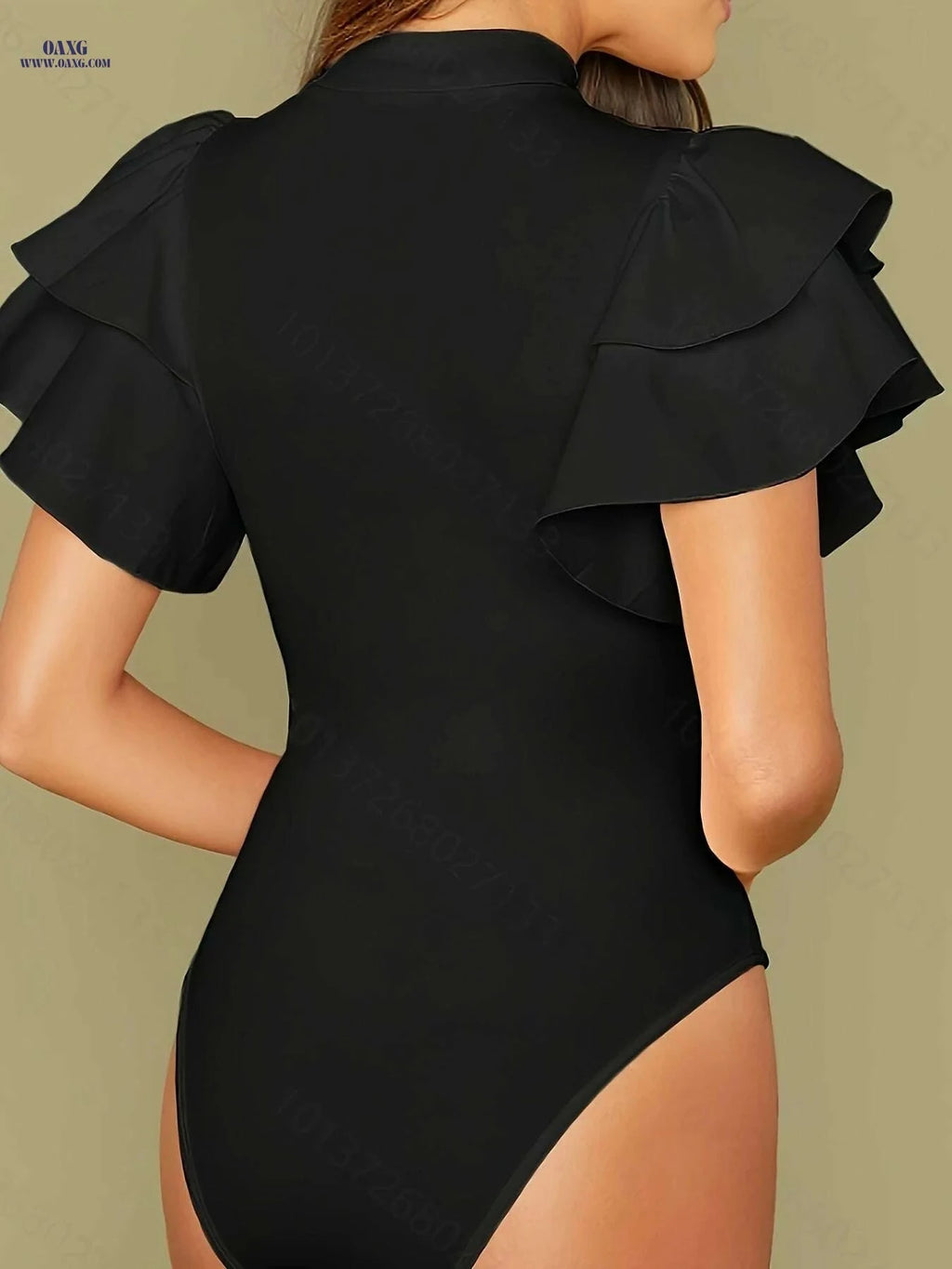 Elegant Polyester Knit Bodysuit - Ruffled Sleeves & Stand Collar   OAXG 