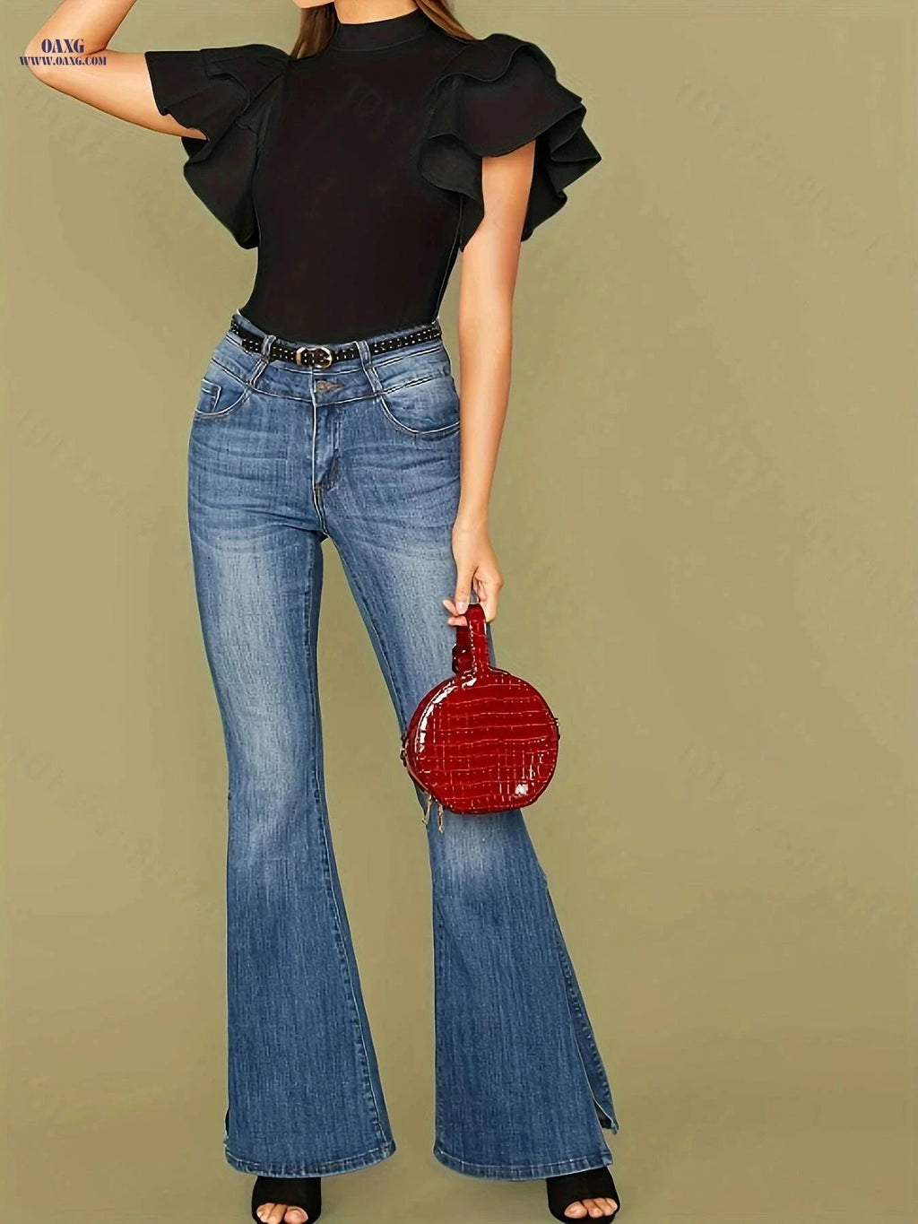 Elegant Polyester Knit Bodysuit - Ruffled Sleeves & Stand Collar   OAXG Black / XS