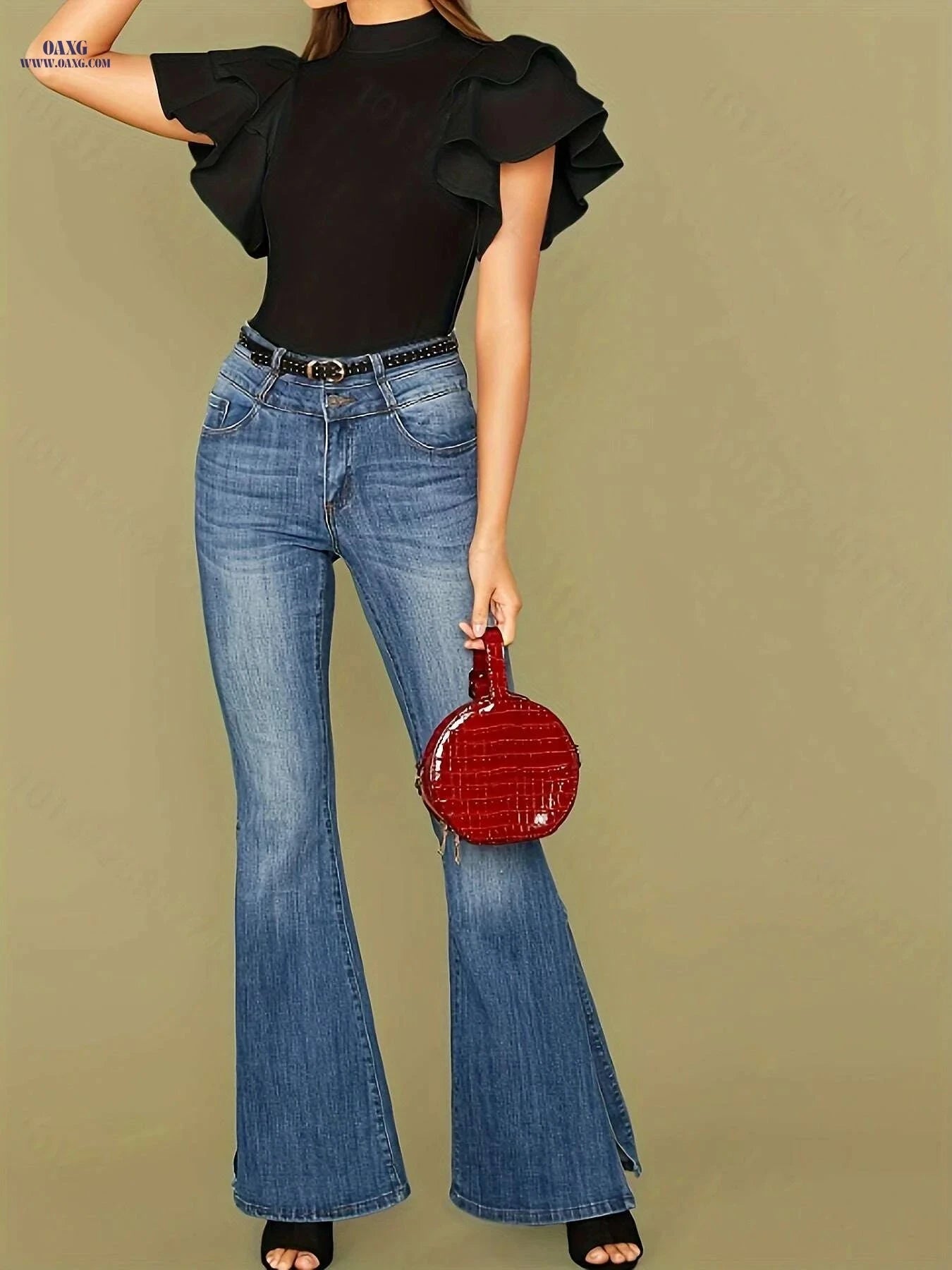 Elegant Polyester Knit Bodysuit - Ruffled Sleeves & Stand Collar   OAXG Black / XS