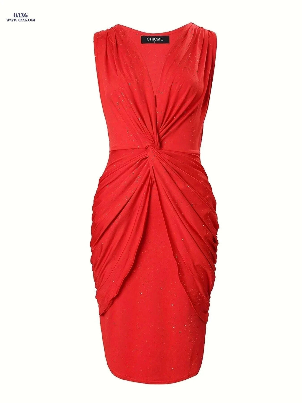 Elegant Powder Puff Sleeveless Party Dress - Pleated V-neck Style   OAXG Red / S