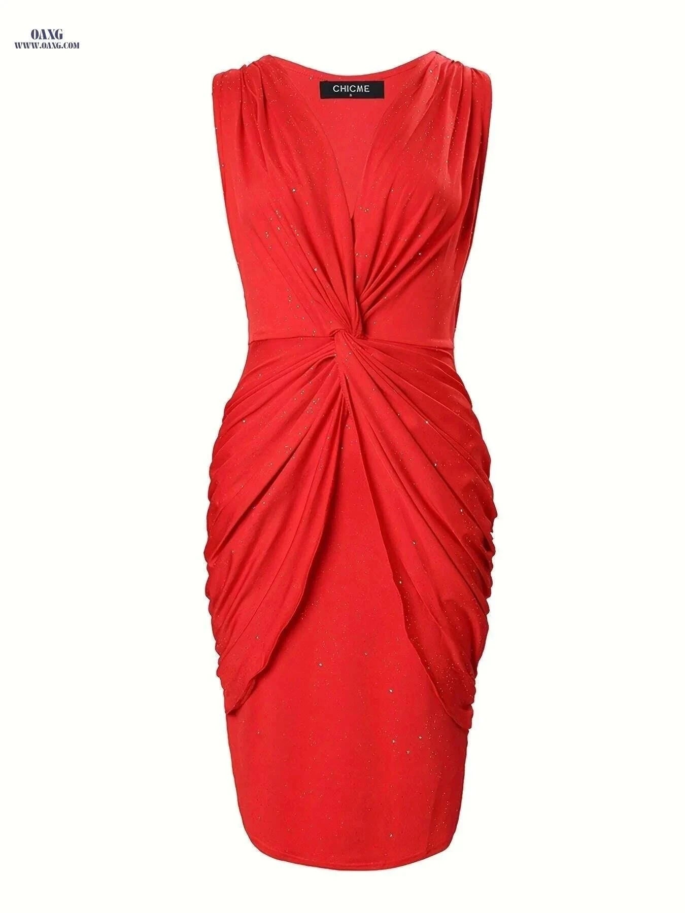 Elegant Powder Puff Sleeveless Party Dress - Pleated V-neck Style   OAXG Red / S