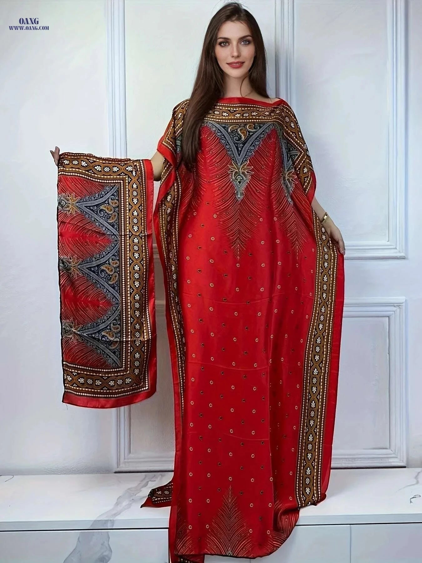 Elegant Print Abaya - Loose Tunic Dress with Scarf for Spring   OAXG 