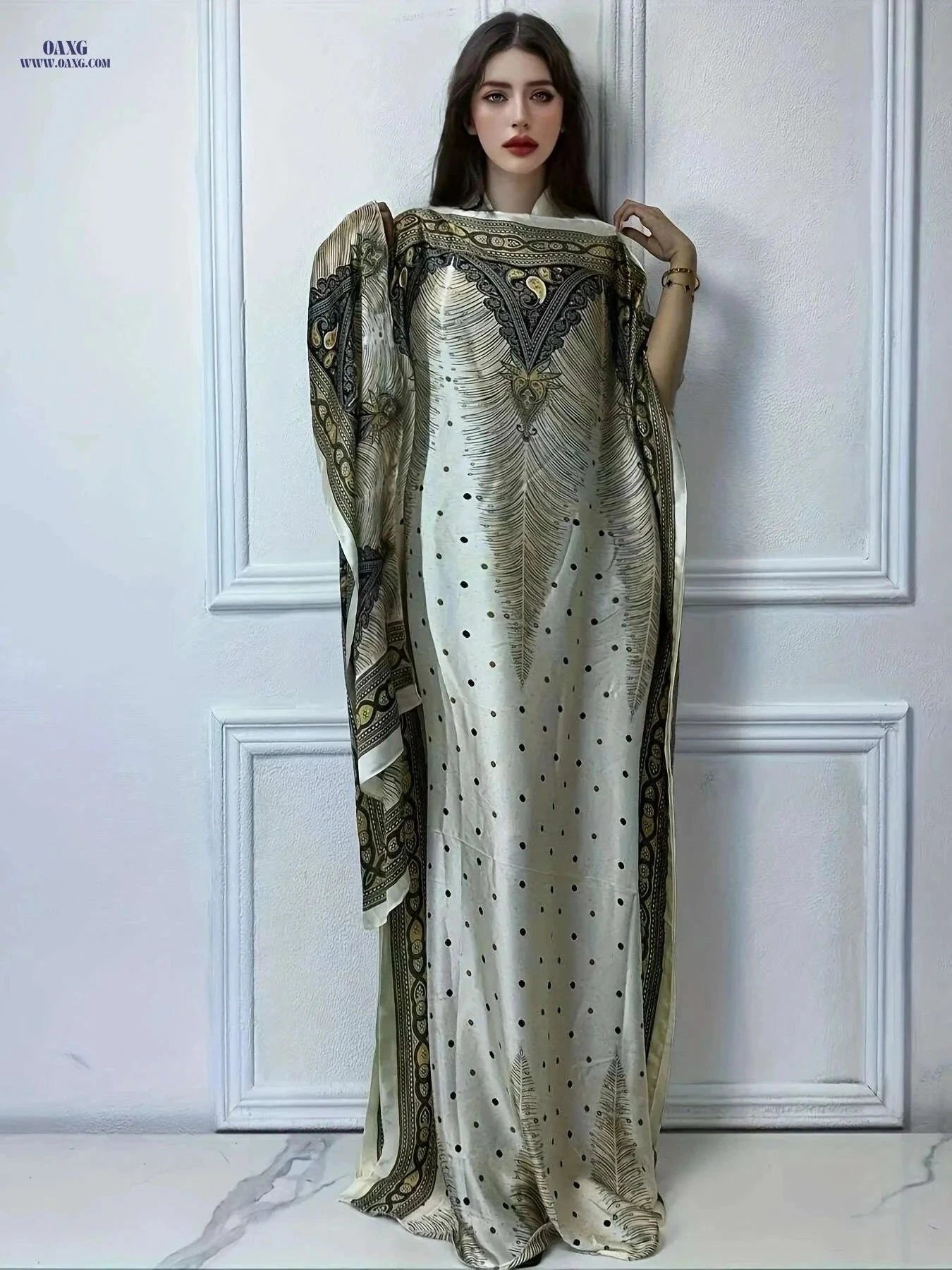 Elegant Print Abaya - Loose Tunic Dress with Scarf for Spring   OAXG Red / One-size