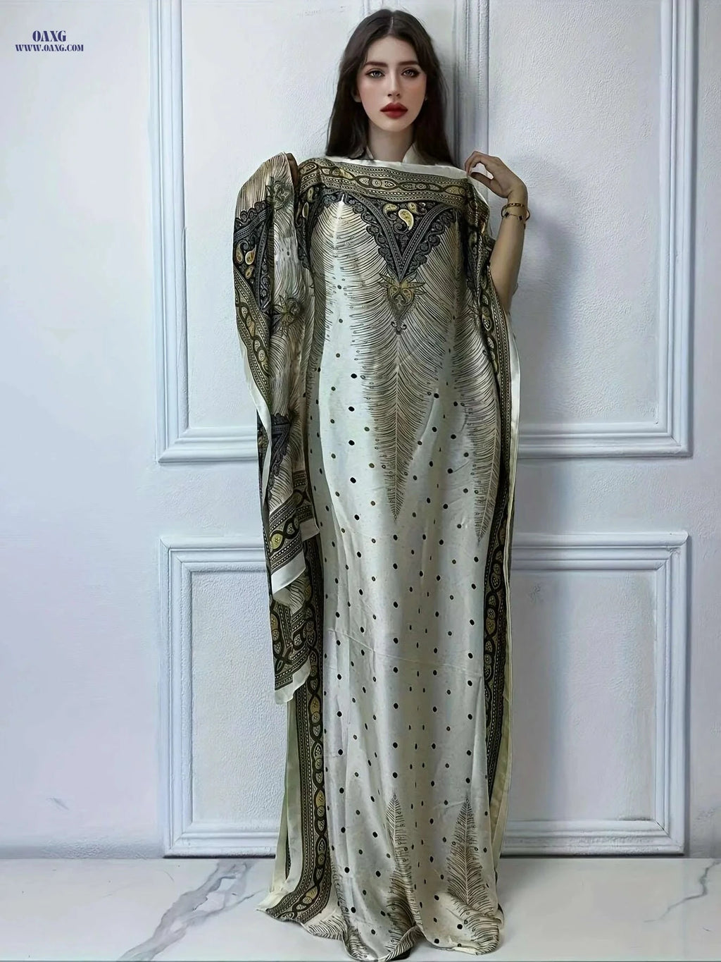 Elegant Print Abaya - Loose Tunic Dress with Scarf for Spring   OAXG Red / One-size
