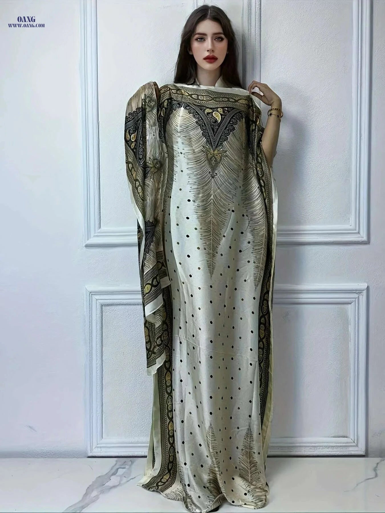 Elegant Print Abaya - Loose Tunic Dress with Scarf for Spring   OAXG Red / One-size