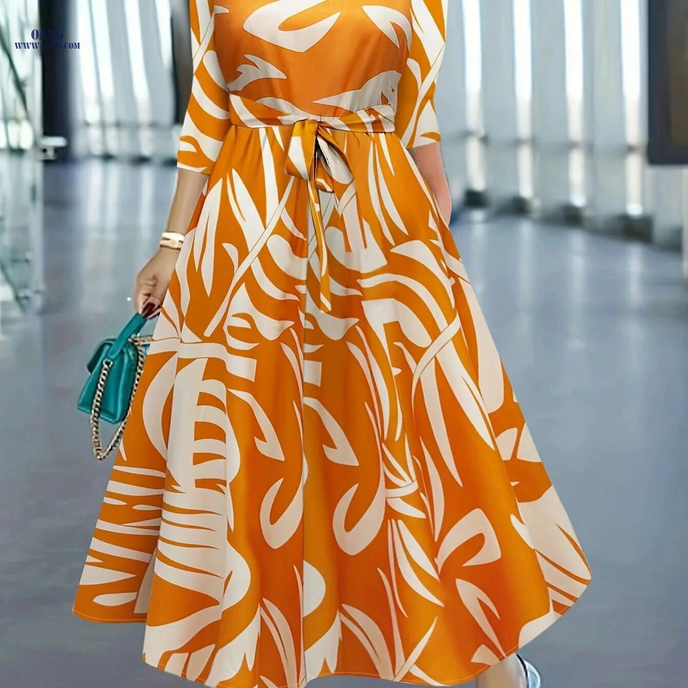 Elegant Printed Dress with Stylish Tie - Perfect for Spring/Fall   OAXG 