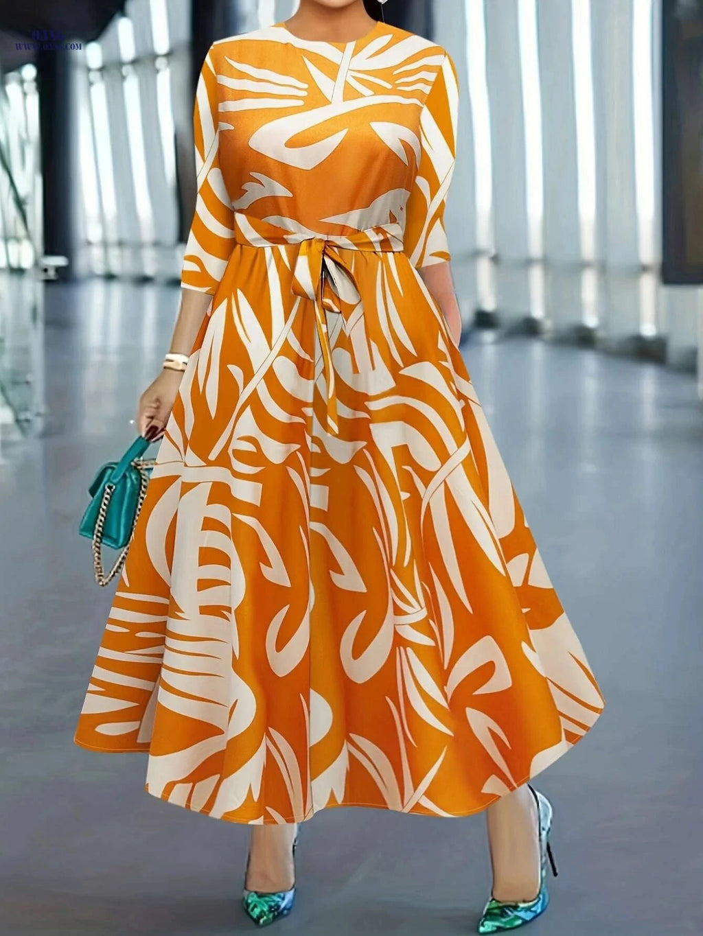 Elegant Printed Dress with Stylish Tie - Perfect for Spring/Fall   OAXG 