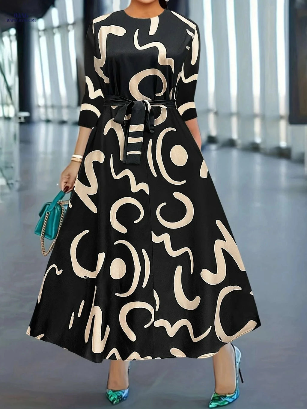 Elegant Printed Dress with Stylish Tie - Perfect for Spring/Fall   OAXG Multicolor / S