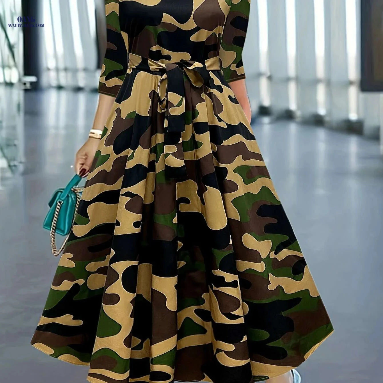 Elegant Printed Dress with Stylish Tie - Perfect for Spring/Fall   OAXG Multicolor / S