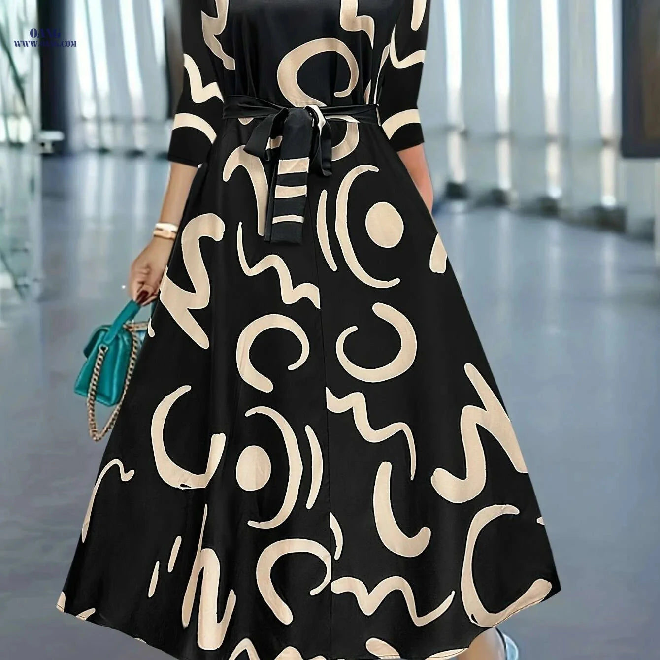Elegant Printed Dress with Stylish Tie - Perfect for Spring/Fall   OAXG Multicolor / S