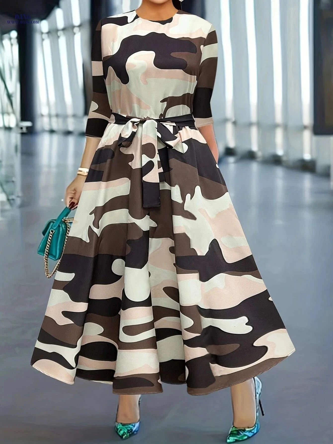 Elegant Printed Dress with Stylish Tie - Perfect for Spring/Fall   OAXG Multicolor / S