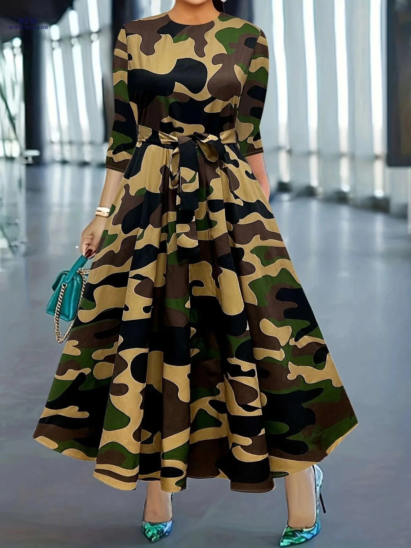 Elegant Printed Dress with Stylish Tie - Perfect for Spring/Fall   OAXG Multicolor / S