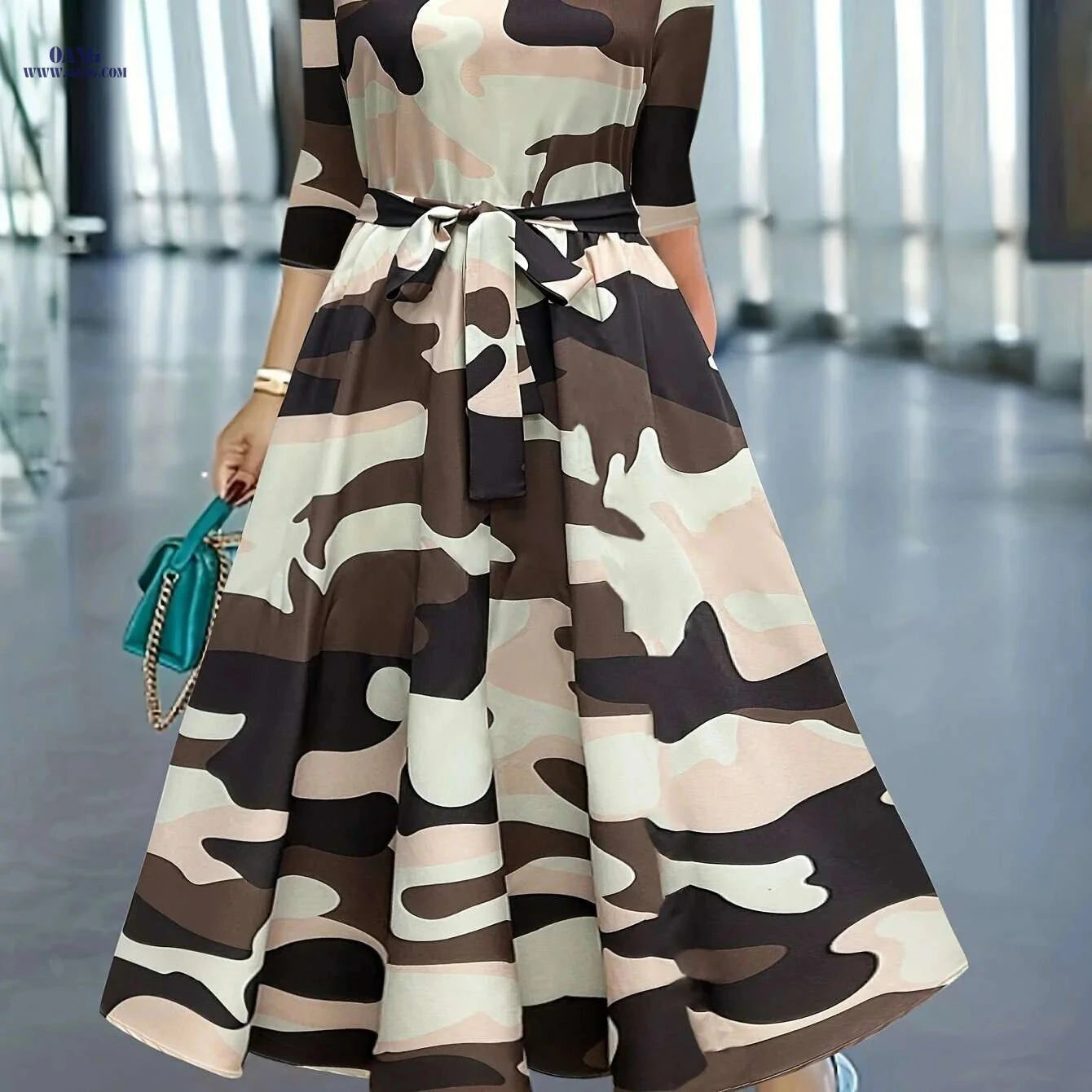 Elegant Printed Dress with Stylish Tie - Perfect for Spring/Fall   OAXG 