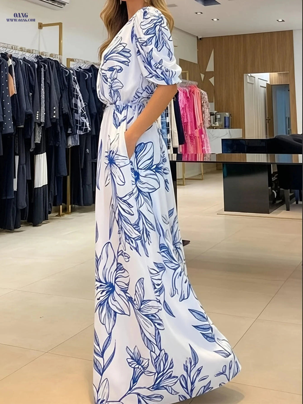 Elegant Printed Jumpsuit for Women - High Waist, Wide-Leg Style   OAXG 