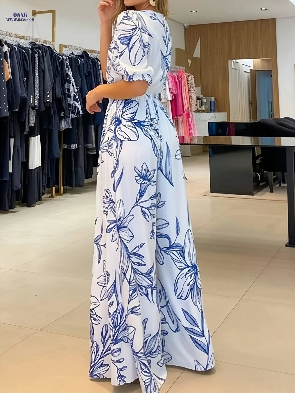 Elegant Printed Jumpsuit for Women - High Waist, Wide-Leg Style   OAXG Blue / S