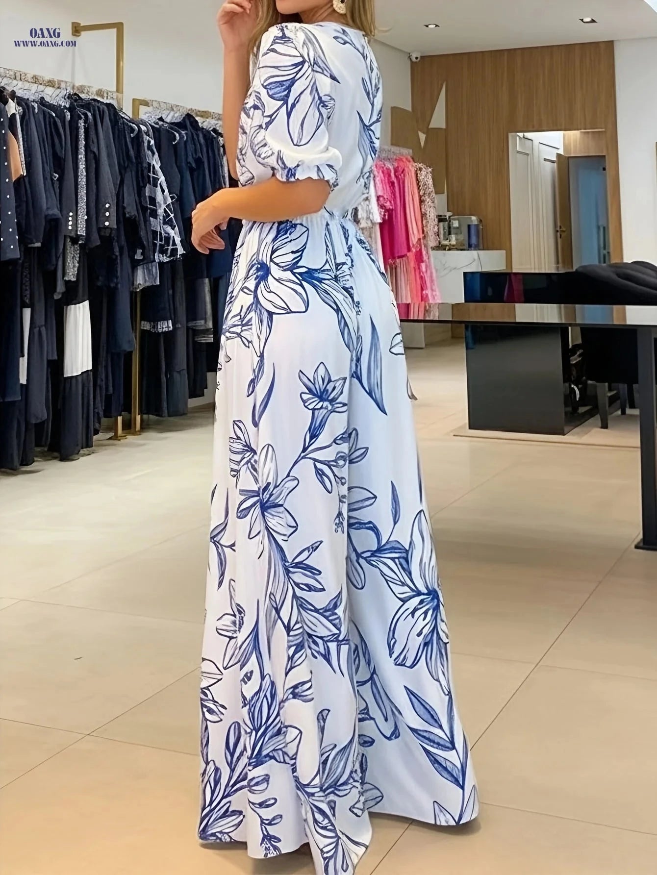 Elegant Printed Jumpsuit for Women - High Waist, Wide-Leg Style   OAXG Blue / S