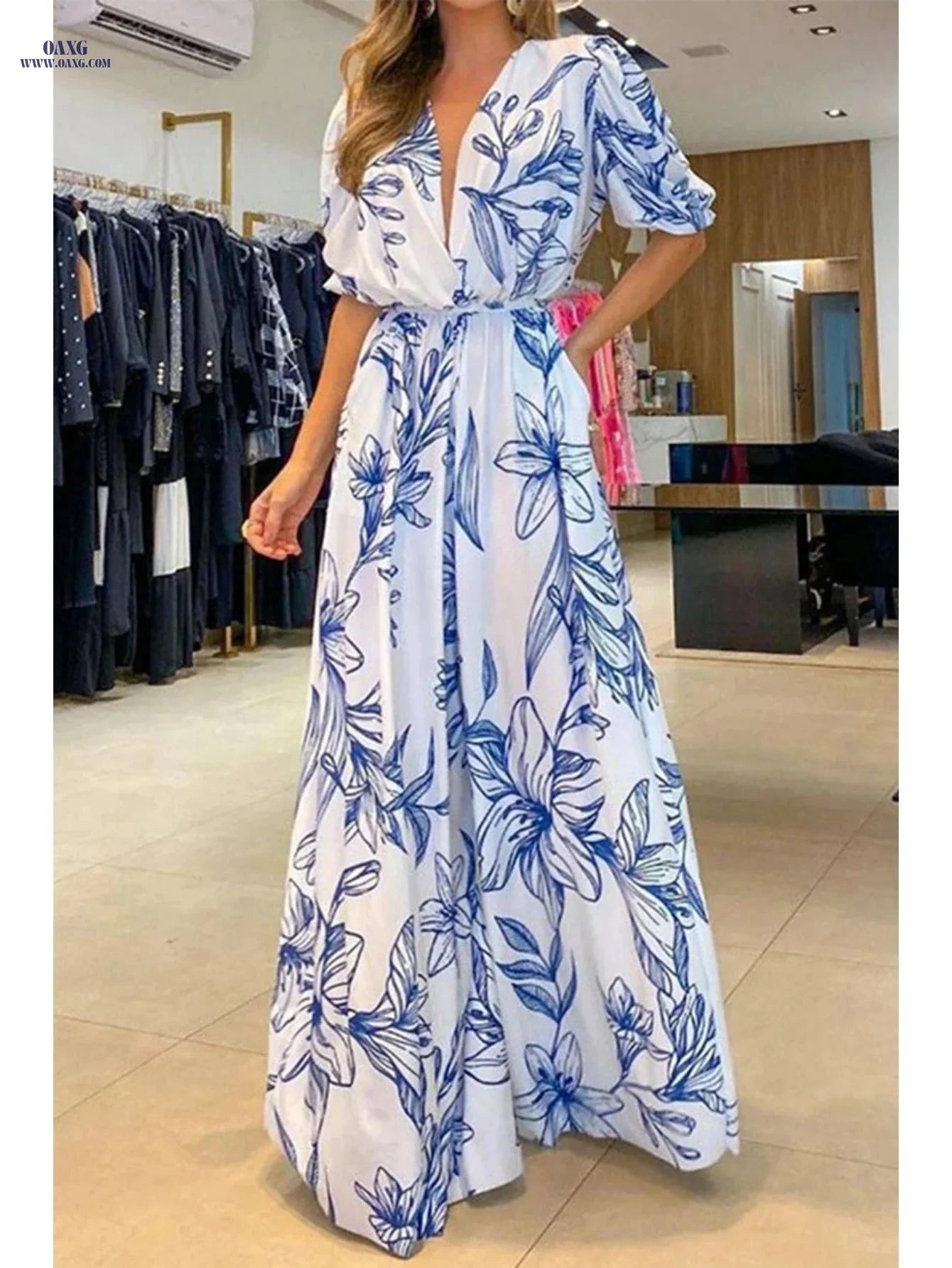 Elegant Printed Jumpsuit for Women - High Waist, Wide-Leg Style   OAXG Blue / S