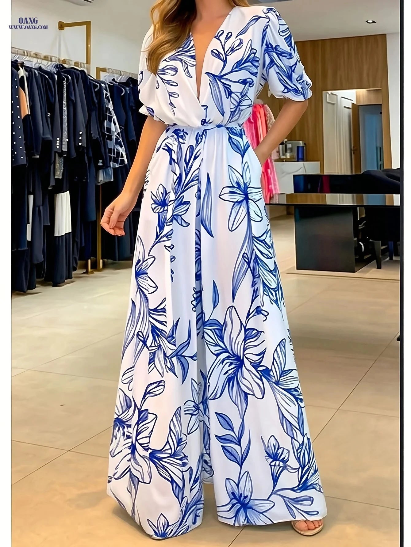 Elegant Printed Jumpsuit for Women - High Waist, Wide-Leg Style   OAXG Blue / S