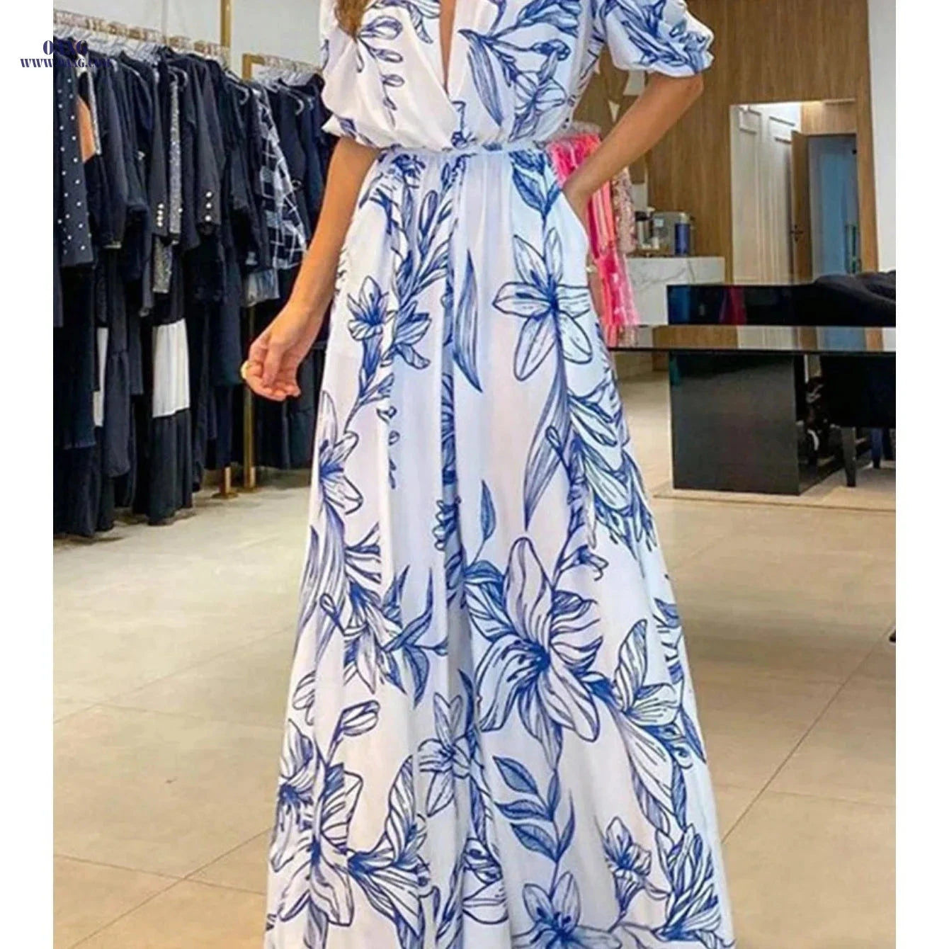 Elegant Printed Jumpsuit for Women - High Waist, Wide-Leg Style   OAXG Blue / S
