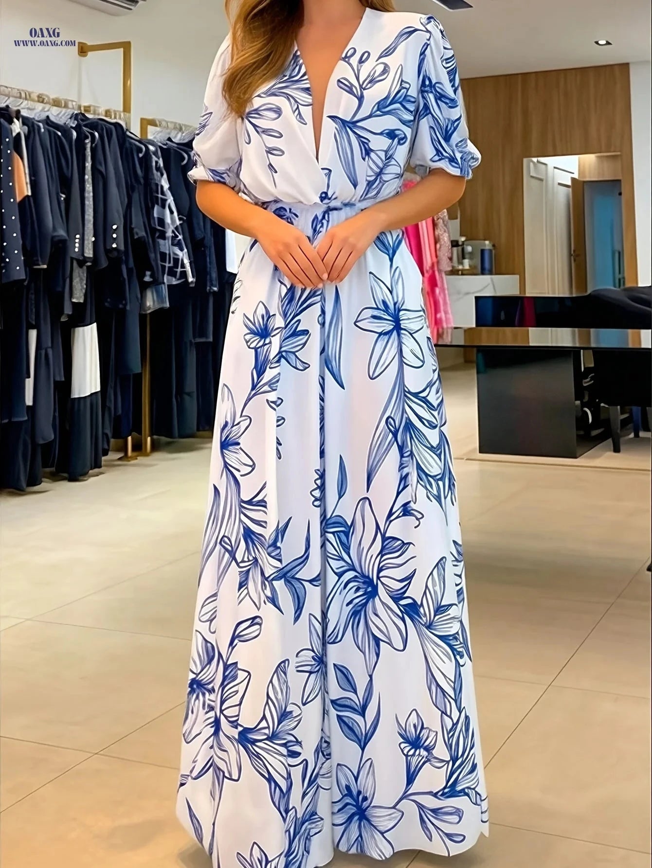 Elegant Printed Jumpsuit for Women - High Waist, Wide-Leg Style   OAXG Blue / S