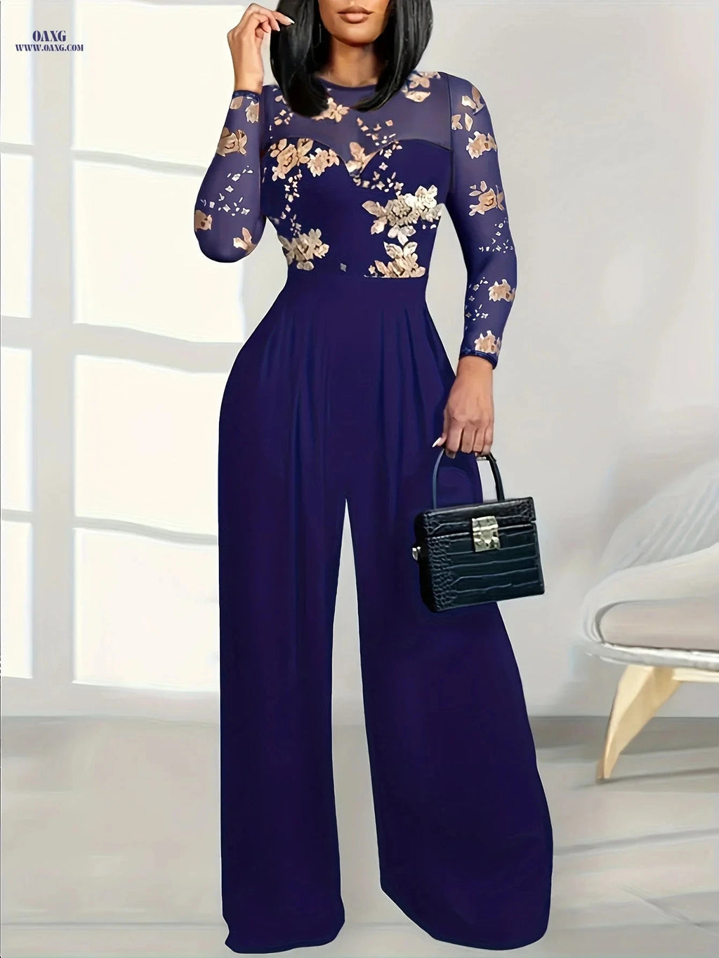 Elegant Printed Patchwork High-Waist Jumpsuit for Spring & Fall   OAXG Black / S