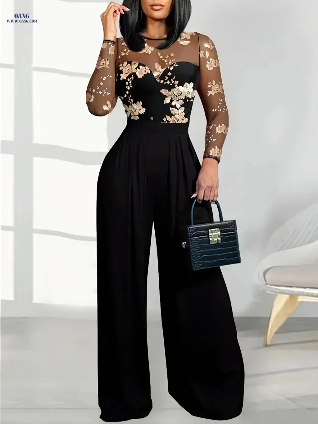 Elegant Printed Patchwork High-Waist Jumpsuit for Spring & Fall   OAXG Black / S