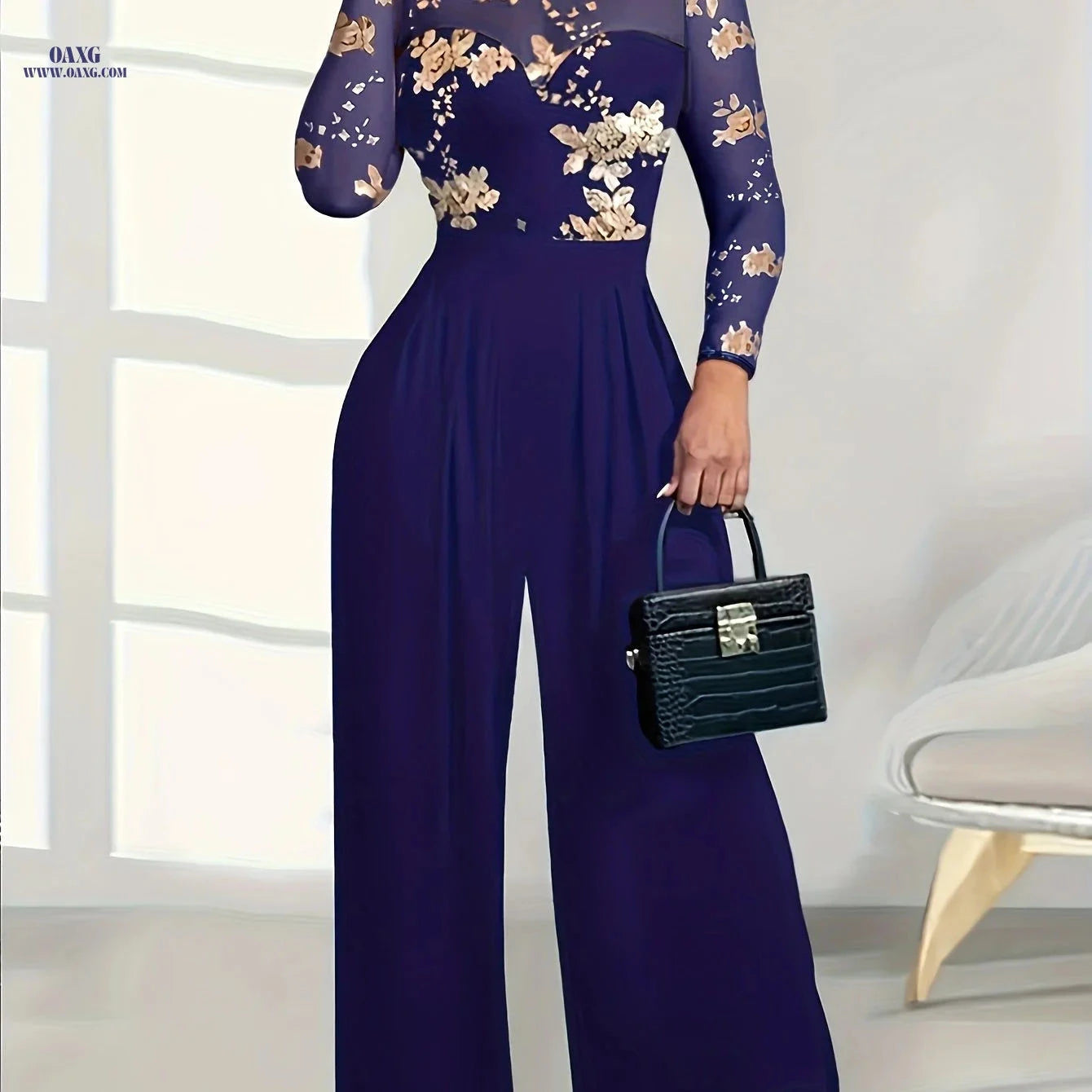 Elegant Printed Patchwork High-Waist Jumpsuit for Spring & Fall   OAXG Black / S
