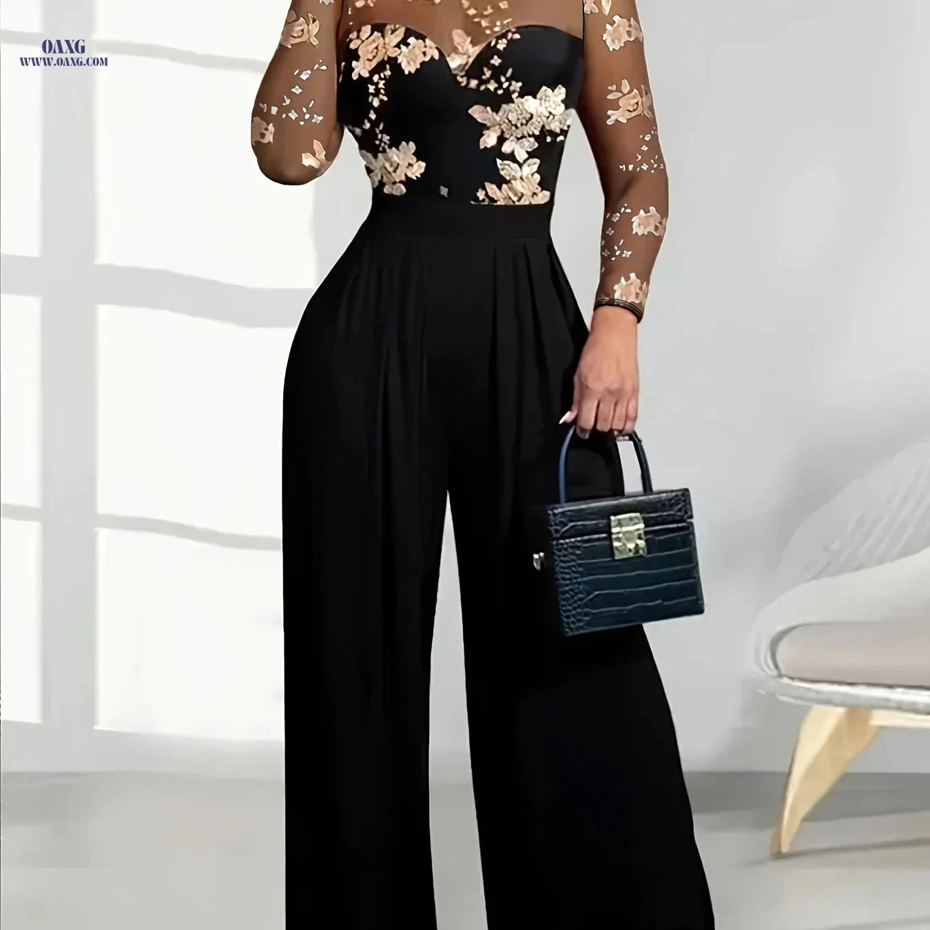 Elegant Printed Patchwork High-Waist Jumpsuit for Spring & Fall   OAXG Black / S