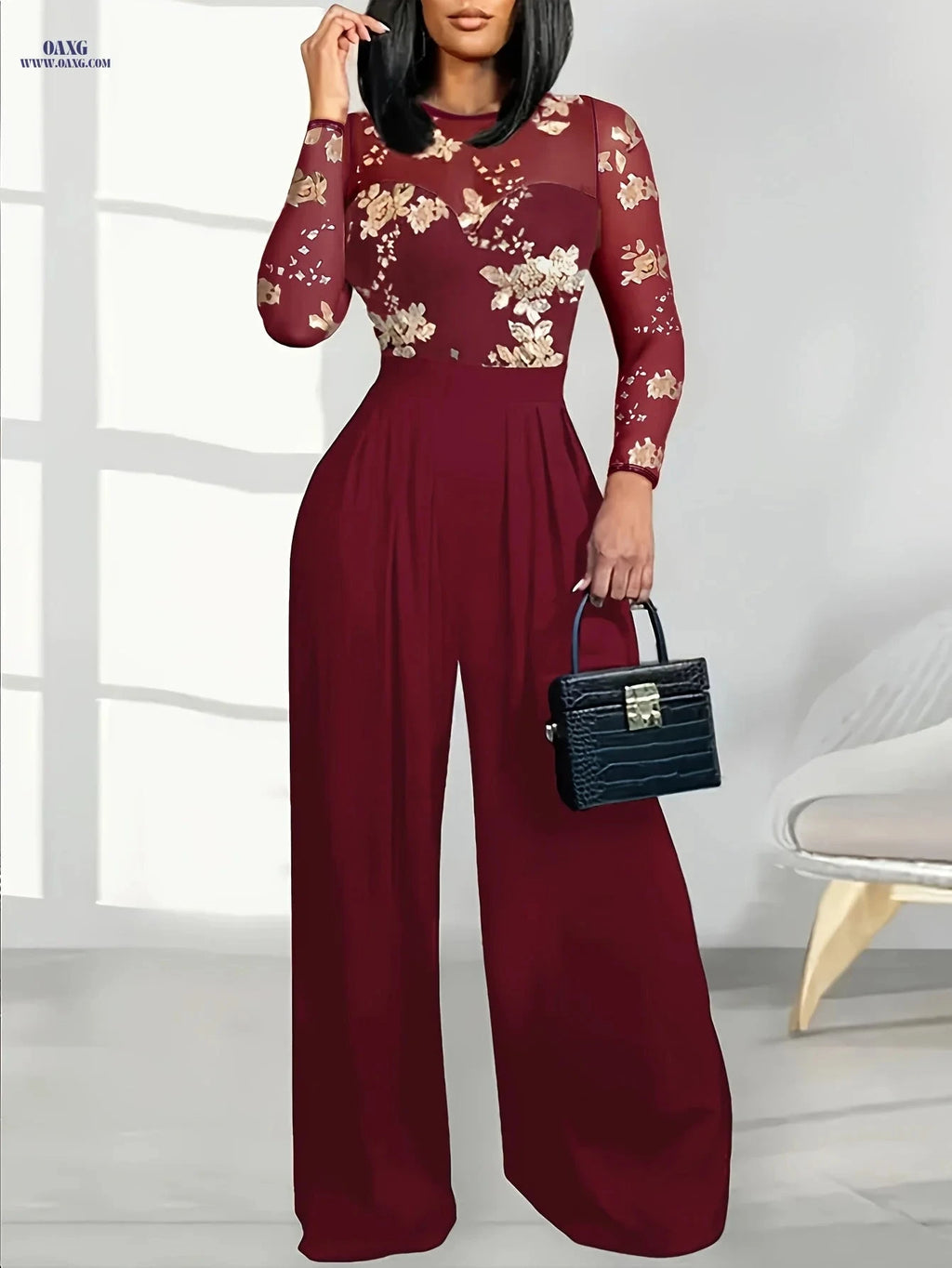 Elegant Printed Patchwork High-Waist Jumpsuit for Spring & Fall   OAXG Black / S